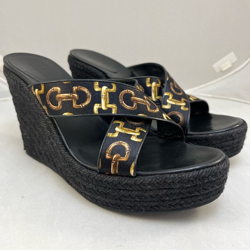 Gucci Horsebit Espadrille Wedge Sandals Silk Twill Black Platform Slide Size 7.5